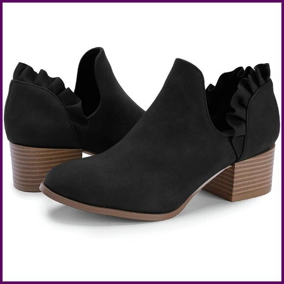 Faux Leather Ankle Booties with Cutout Side and Chunky Heel